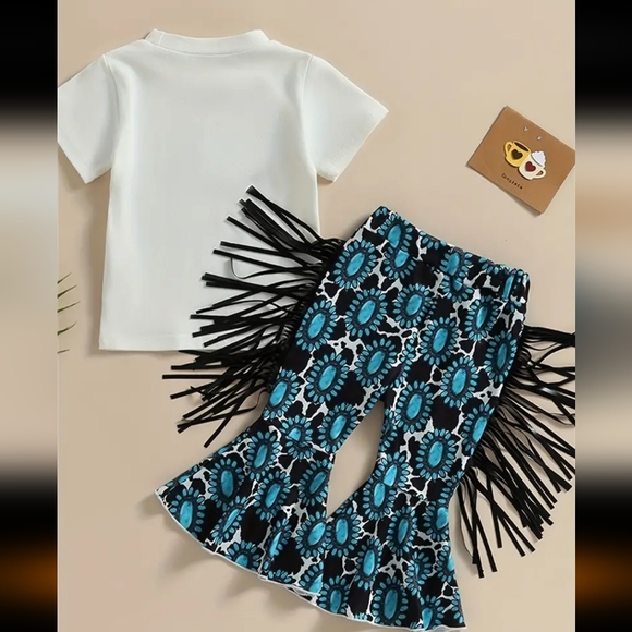 Girls "Wild and free" 2 PC western fringe flare stretch pants & matching T-shirt - Picture 3 of 6